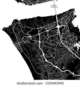 Area map of Almada, Portugal with typical urban landmarks like buildings, roads, waterways and railways as well as smaller streets and park trails. Removable city label placed on top.