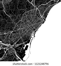 Area map of Barcelona, Spain. Dark background version for infographic and marketing projects. This map of Barcelona contains typical landmarks with streets, waterways and railways