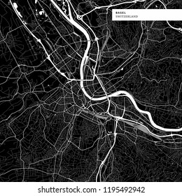 Area map of Basel, Switzerland with typical urban landmarks like buildings, roads, waterways and railways as well as smaller streets and park trails. Removable city label placed on top.