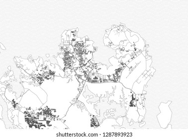 Area map of Batam, Indonesia. This artmap of Batam contains geography lines for land mass, water, major and minor roads.
