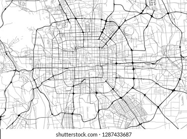 Area map of Beijing, China. This artmap of Beijing contains geography lines for land mass, water, major and minor roads.