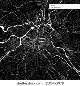 Area map of Bern, Switzerland with typical urban landmarks like buildings, roads, waterways and railways as well as smaller streets and park trails. Removable city label placed on top.