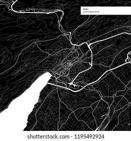 Area map of Biel, Switzerland with typical urban landmarks like buildings, roads, waterways and railways as well as smaller streets and park trails. Removable city label placed on top.
