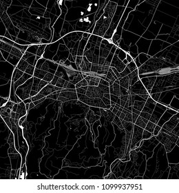 Area map of Bologna, Italy. Dark background version for infographic and marketing projects. This map of Bologna, Emilia-Romagna, contains typical landmarks with streets, waterways and railways