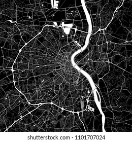 Area map of Bordeaux, France. Dark background version for infographic and marketing projects. This map of Bordeaux, Gironde, contains typical landmarks with streets, waterways and railways.