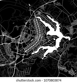 Area map of Brasília, Brazil. Dark background version for infographic and marketing projects. This map of Brasília,  Distrito Federal, contains typical landmarks with streets, waterways and railways
