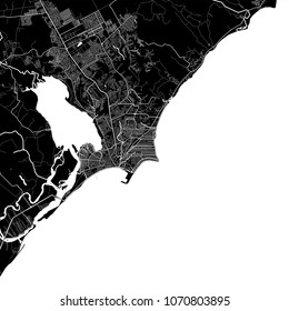 Area map of Maceió, Brazil. Dark background version for infographic and marketing projects. This map of Maceió,  Alagoas, contains typical landmarks with streets, waterways and railways