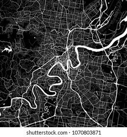 Area map of Brisbane, Australia. Dark background version for infographic and marketing projects. This map of Brisbane, Queensland, contains typical landmarks with streets, waterways and railways.