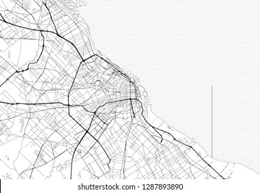 Area map of Buenos Aires City, Argentina. This artmap of Buenos Aires City contains geography lines for land mass, water, major and minor roads.