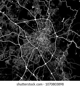 Mapa del área de Campinas, Brasil. Versión de fondo oscura para proyectos de infografía y marketing. Este mapa de Campinas,  São Paulo, que contiene monumentos típicos con calles, vías fluviales y ferrocarriles