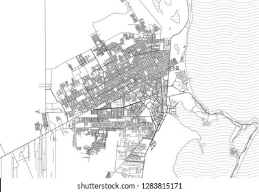 Area map of Cancun, Mexico. This artmap of Cancun contains geography lines for land mass, water, major and minor roads.