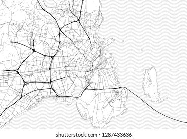 Area map of Copenhagen, Denmark. This artmap of Copenhagen contains geography lines for land mass, water, major and minor roads.