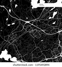 Area map of Espoo, Finland with typical urban landmarks like buildings, roads, waterways and railways as well as smaller streets and park trails. Removable city label placed on top.