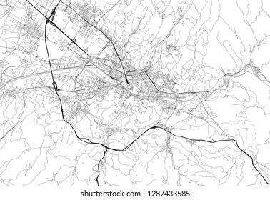 Area map of Florence, Italy. This artmap of Florence contains geography lines for land mass, water, major and minor roads.