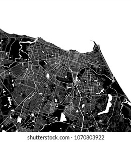 Area map of Fortaleza, Brazil. Dark background version for infographic and marketing projects. This map of Fortaleza,  Ceará, contains typical landmarks with streets, waterways and railways