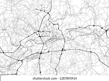 Area map of Frankfurt, Germany. This artmap of Frankfurt contains geography lines for land mass, water, major and minor roads.