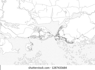 Area map of Ha Long, Vietnam. This artmap of Ha Long contains geography lines for land mass, water, major and minor roads.