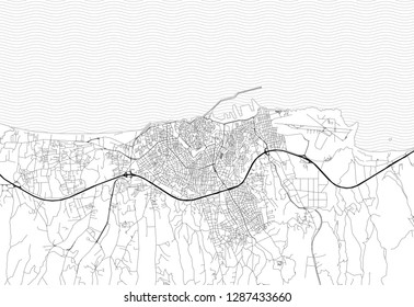 Area map of Heraklion, Greece. This artmap of Heraklion contains geography lines for land mass, water, major and minor roads.