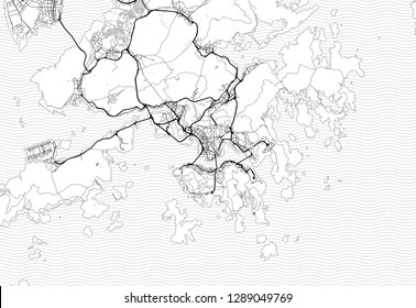 Area map of Hong Kong, China. This artmap of Hong Kong contains geography lines for land mass, water, major and minor roads.