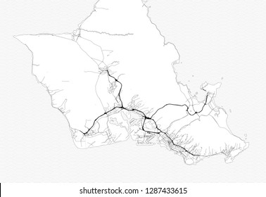 Area map of Honolulu, United States. This artmap of Honolulu contains geography lines for land mass, water, major and minor roads.