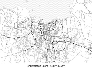 Area map of Jakarta, Indonesia. This artmap of Jakarta contains geography lines for land mass, water, major and minor roads.