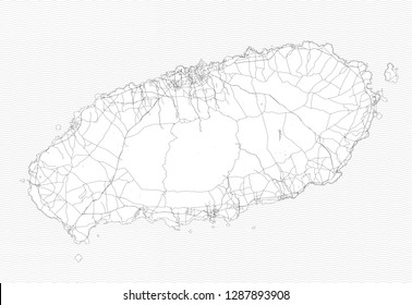 Area map of Jeju, South Korea. This artmap of Jeju contains geography lines for land mass, water, major and minor roads.