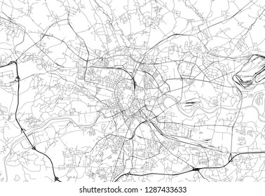 Area map of Krakow, Poland. This artmap of Krakow contains geography lines for land mass, water, major and minor roads.