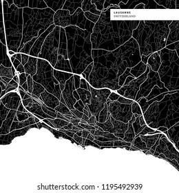 Area map of Lausanne, Switzerland with typical urban landmarks like buildings, roads, waterways and railways as well as smaller streets and park trails. Removable city label placed on top.