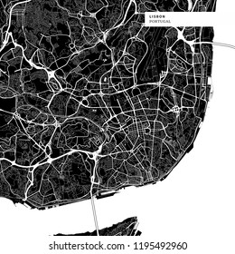 Area map of Lisbon, Portugal with typical urban landmarks like buildings, roads, waterways and railways as well as smaller streets and park trails. Removable city label placed on top.