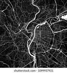 Area map of Lyon, France. Dark background version for infographic and marketing projects. This map of Lyon, Rhône, contains typical landmarks with streets, waterways and railways.