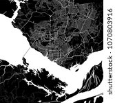 Area map of Manaus, Brazil. Dark background version for infographic and marketing projects. This map of Manaus,  Amazonas, contains typical landmarks with streets, waterways and railways