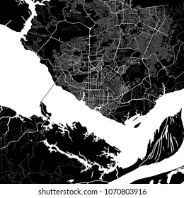 Area map of Manaus, Brazil. Dark background version for infographic and marketing projects. This map of Manaus,  Amazonas, contains typical landmarks with streets, waterways and railways