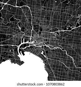 Area map of Melbourne, Australia. Dark background version for infographic and marketing projects. This map of Melbourne, Victoria, contains typical landmarks with streets, waterways and railways.