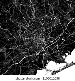 Area map of Montpellier, France. Dark background version for infographic and marketing projects. This map of Montpellier, Hérault, contains typical landmarks with streets, waterways and railways