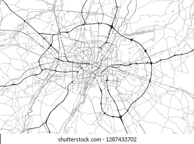 Area map of Munich, Germany. This artmap of Munich contains geography lines for land mass, water, major and minor roads.