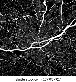 Area map of Nantes, France. Dark background version for infographic and marketing projects. This map of Nantes, Loire-Atlantique, contains typical landmarks with streets, waterways and railways.