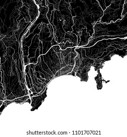 Area map of Nice, France. Dark background version for infographic and marketing projects. This map of Nice, Alpes-Maritimes, contains typical landmarks with streets, waterways and railways.