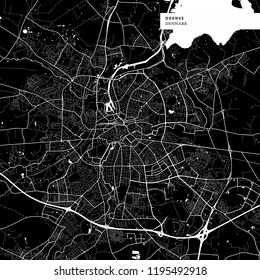 Area map of Odense, Denmark with typical urban landmarks like buildings, roads, waterways and railways as well as smaller streets and park trails. Removable city label placed on top.