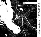 Area map of Oulu, Finland with typical urban landmarks like buildings, roads, waterways and railways as well as smaller streets and park trails. Removable city label placed on top.