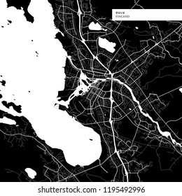 Area map of Oulu, Finland with typical urban landmarks like buildings, roads, waterways and railways as well as smaller streets and park trails. Removable city label placed on top.