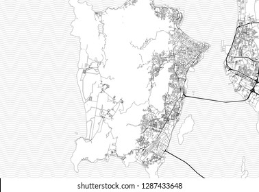 Area map of Penang Island, Malaysia. This artmap of Penang Island contains geography lines for land mass, water, major and minor roads.