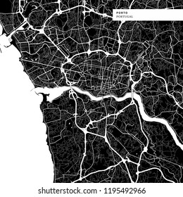 Area map of Porto, Portugal with typical urban landmarks like buildings, roads, waterways and railways as well as smaller streets and park trails. Removable city label placed on top.