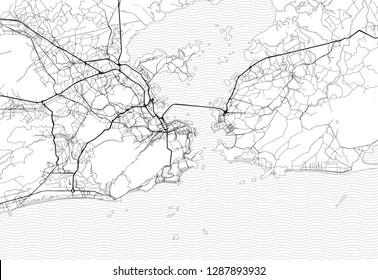 Area map of Rio de Janeiro, Brazil. This artmap of Rio de Janeiro contains geography lines for land mass, water, major and minor roads.