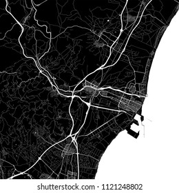 Area map of Sagunto, Valencia, Spain. Dark background version for infographic and marketing projects. This map of Sagunto, Valencia contains typical landmarks with streets, waterways and railways