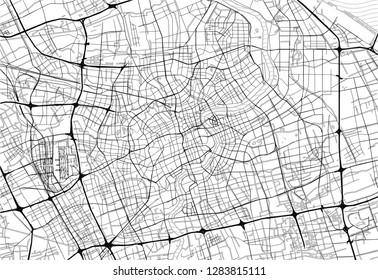 Area map of Shanghai, China. This artmap of Shanghai contains geography lines for land mass, water, major and minor roads.