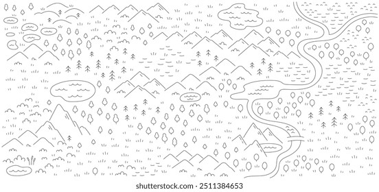 Area map sketch nature. Mountain river and forest. Vector editable outline line stroke.