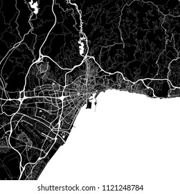 Area map of Málaga, Spain. Dark background version for infographic and marketing projects. This map of Málaga contains typical landmarks with streets, waterways and railways