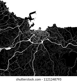 Area map of Gijón, Spain. Dark background version for infographic and marketing projects. This map of Gijón contains typical landmarks with streets, waterways and railways