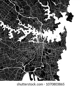 Area map of Sydney, Australia. Dark background version for infographic and marketing projects. This map of Sydney, New South Wales, contains typical landmarks.