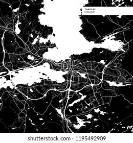 Area map of Tampere, Finland with typical urban landmarks like buildings, roads, waterways and railways as well as smaller streets and park trails. Removable city label placed on top.